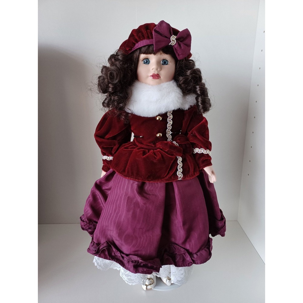 Vintage Porcelain Doll Burgundy Velvet Victorian Dress Faux Fur Trim with Stand